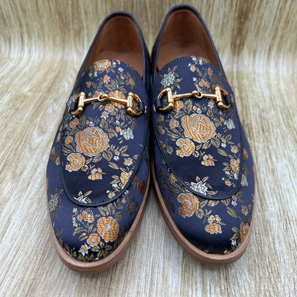 TAFT The Russel in Eden Men's 9 EU 42 Navy Gold Floral Jacquard Horsebit Loafers